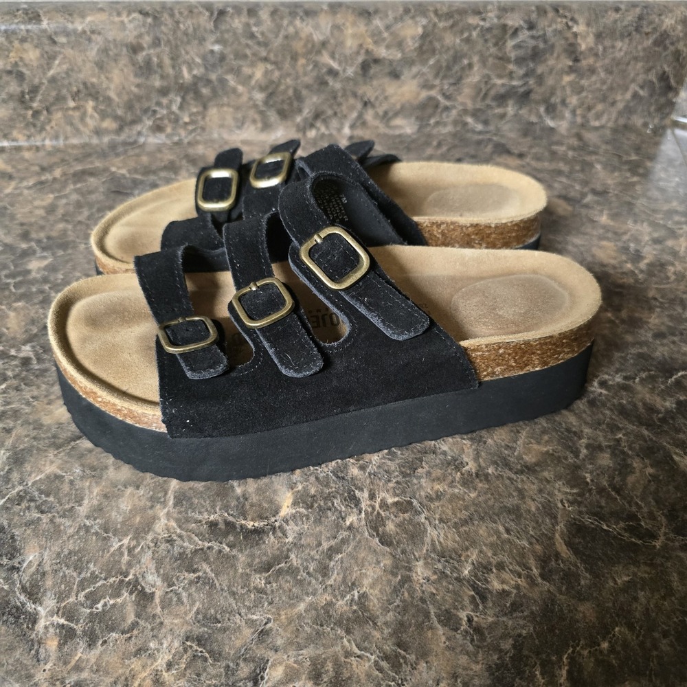 Project Cloud Women's Sandals Size 7 M Black Suede Triple Strap Platform Cork
